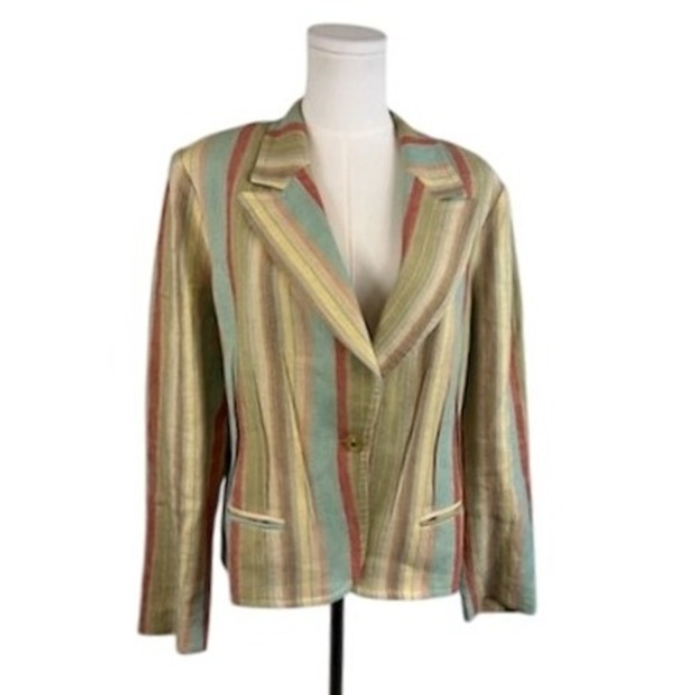 Y2K Garfield & Marks Striped Linen Blazer Career Office Casual Jacket Size 14